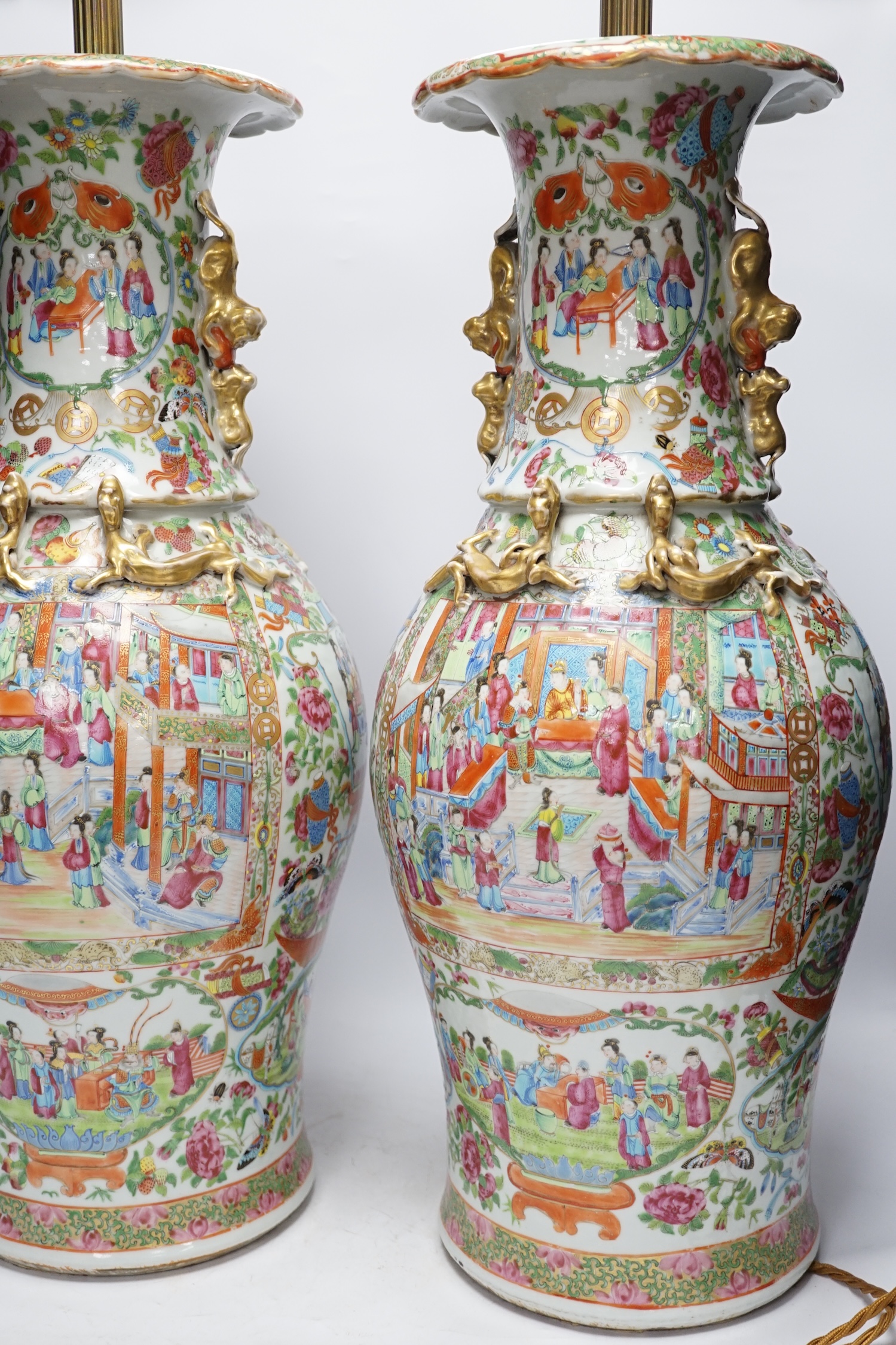 A pair of 19th century large Chinese Canton vases mounted as lamps, 59cm excluding lamp fittings